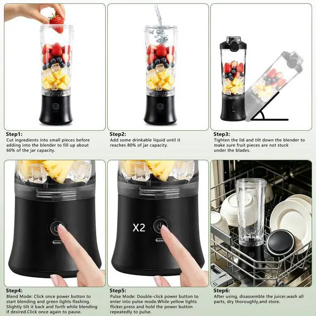 Alt view image 6 of 7 - Portable Blender, USB-C Rechargeable Personal Blender for Shakes and Smoothies, 2o oz Leakproof Travel Cup with Pulse Mode & LED Light, BPA Free, Cordless for Home Gym Office Travel, Black