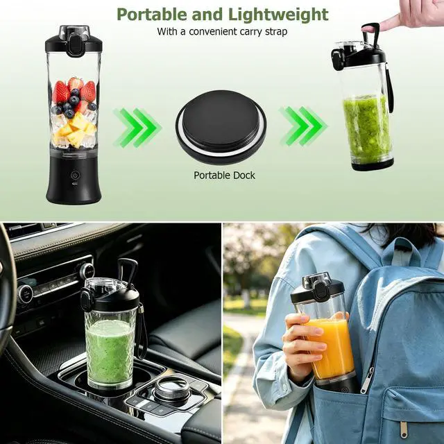 Alt view image 7 of 7 - Portable Blender, USB-C Rechargeable Personal Blender for Shakes and Smoothies, 2o oz Leakproof Travel Cup with Pulse Mode & LED Light, BPA Free, Cordless for Home Gym Office Travel, Black