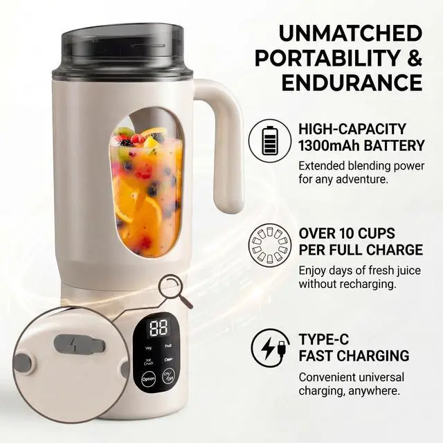 Alt view image 4 of 7 - Portable Blender 20oz Personal Electric Juicer Cup with 12 Blades Auto CleaningRechargeable Travel Blender for Smoothies, Shakes, Salsa, Ice Crushing & Frozen Drinks,with Lid for Direct Drinking
