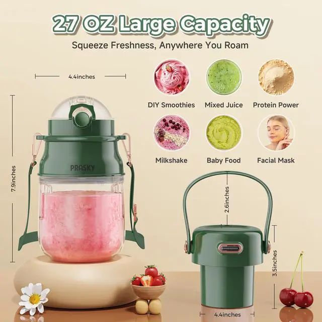 Alt view image 4 of 7 - Portable Blender, Personal Blenders for Shakes and Smoothies with 27oz Cup, Lid and Shoulder Strap, Type-C USB Rechargeable, Personal Size Blenders BPA-free for Travel/Kitchen(Green)