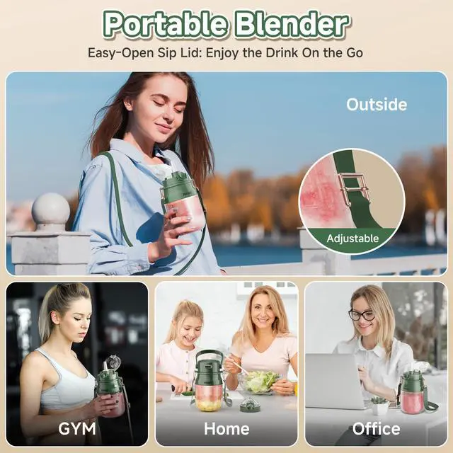 Alt view image 5 of 7 - Portable Blender, Personal Blenders for Shakes and Smoothies with 27oz Cup, Lid and Shoulder Strap, Type-C USB Rechargeable, Personal Size Blenders BPA-free for Travel/Kitchen(Green)