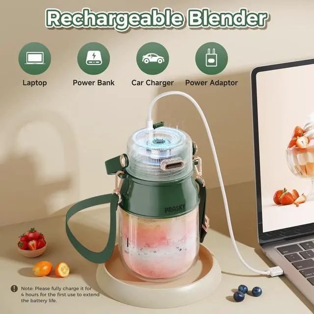 Alt view image 6 of 7 - Portable Blender, Personal Blenders for Shakes and Smoothies with 27oz Cup, Lid and Shoulder Strap, Type-C USB Rechargeable, Personal Size Blenders BPA-free for Travel/Kitchen(Green)