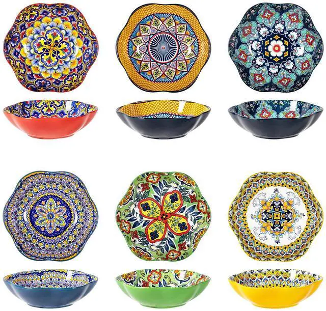 Main image of Ceramic Bowls Set of 6, 20 oz Colorful Soup & Cereal Bowls Boho Serving Bowls for Salad, Pasta, Snacks, Microwave & Dishwasher Safe