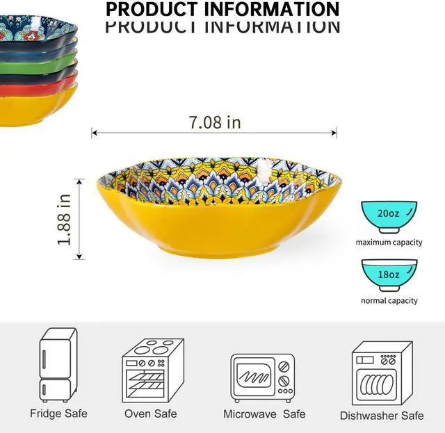 Alt view image 2 of 7 - Ceramic Bowls Set of 6, 20 oz Colorful Soup & Cereal Bowls Boho Serving Bowls for Salad, Pasta, Snacks, Microwave & Dishwasher Safe