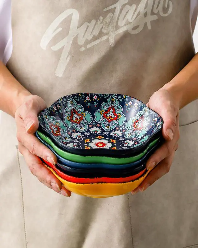 Alt view image 4 of 7 - Ceramic Bowls Set of 6, 20 oz Colorful Soup & Cereal Bowls Boho Serving Bowls for Salad, Pasta, Snacks, Microwave & Dishwasher Safe