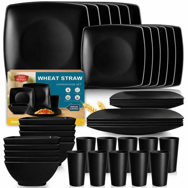 Main image of 40-piece Plastic Wheat Straw Square Dinnerware Set,Service for10, Unbreakable Dinner Plates, Salad Plates, Snack Bowls, Tumblers 13.5 oz, Dishwasher Safe, Kitchen Outdoor Camping Dish, Black