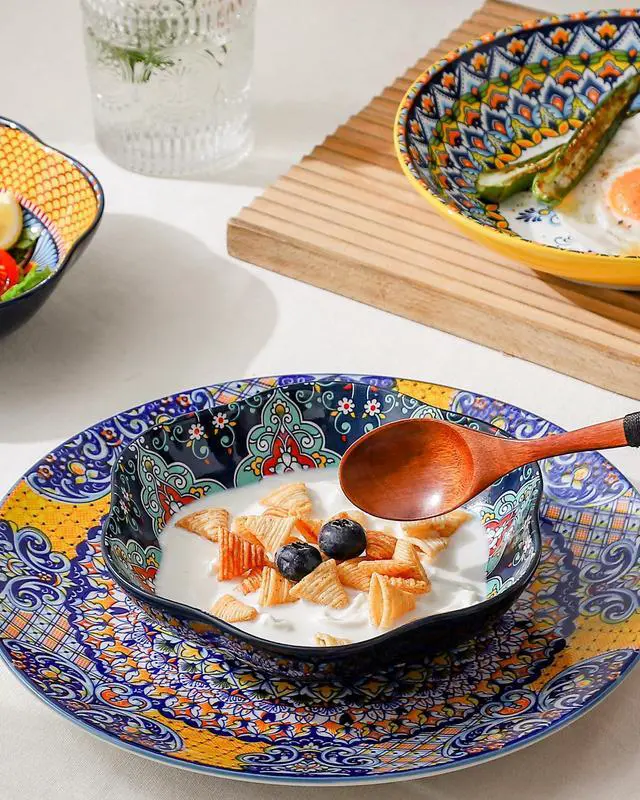 Alt view image 7 of 7 - Ceramic Bowls Set of 6, 20 oz Colorful Soup & Cereal Bowls Boho Serving Bowls for Salad, Pasta, Snacks, Microwave & Dishwasher Safe