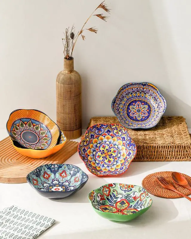 Alt view image 3 of 7 - Ceramic Bowls Set of 6, 20 oz Colorful Soup & Cereal Bowls Boho Serving Bowls for Salad, Pasta, Snacks, Microwave & Dishwasher Safe
