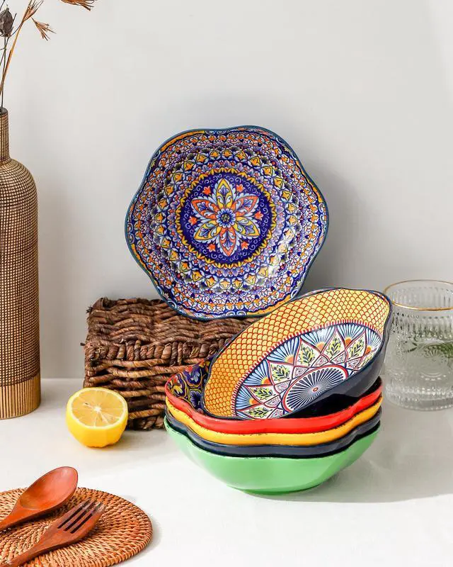 Alt view image 6 of 7 - Ceramic Bowls Set of 6, 20 oz Colorful Soup & Cereal Bowls Boho Serving Bowls for Salad, Pasta, Snacks, Microwave & Dishwasher Safe