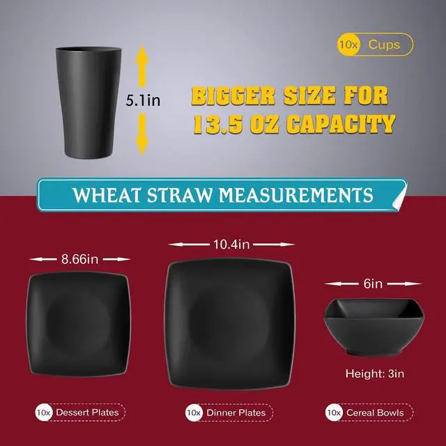 Alt view image 2 of 7 - 40-piece Plastic Wheat Straw Square Dinnerware Set,Service for10, Unbreakable Dinner Plates, Salad Plates, Snack Bowls, Tumblers 13.5 oz, Dishwasher Safe, Kitchen Outdoor Camping Dish, Black