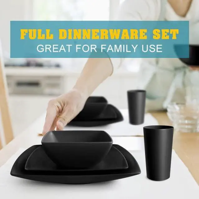 Alt view image 6 of 7 - 40-piece Plastic Wheat Straw Square Dinnerware Set,Service for10, Unbreakable Dinner Plates, Salad Plates, Snack Bowls, Tumblers 13.5 oz, Dishwasher Safe, Kitchen Outdoor Camping Dish, Black