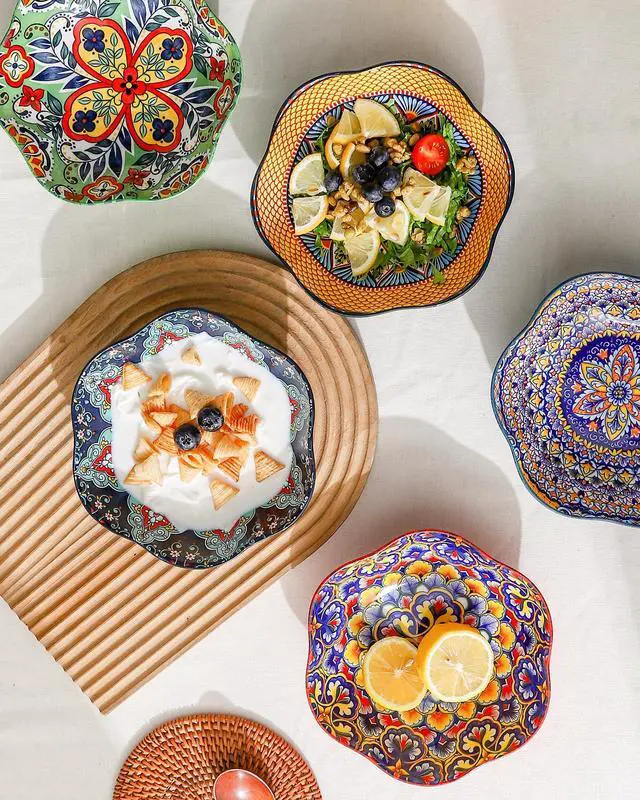 Alt view image 5 of 7 - Ceramic Bowls Set of 6, 20 oz Colorful Soup & Cereal Bowls Boho Serving Bowls for Salad, Pasta, Snacks, Microwave & Dishwasher Safe