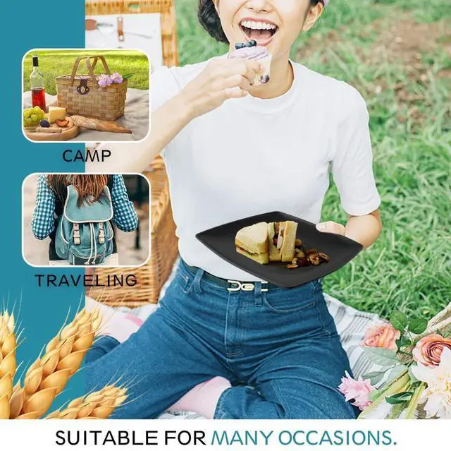 Alt view image 7 of 7 - 40-piece Plastic Wheat Straw Square Dinnerware Set,Service for10, Unbreakable Dinner Plates, Salad Plates, Snack Bowls, Tumblers 13.5 oz, Dishwasher Safe, Kitchen Outdoor Camping Dish, Black