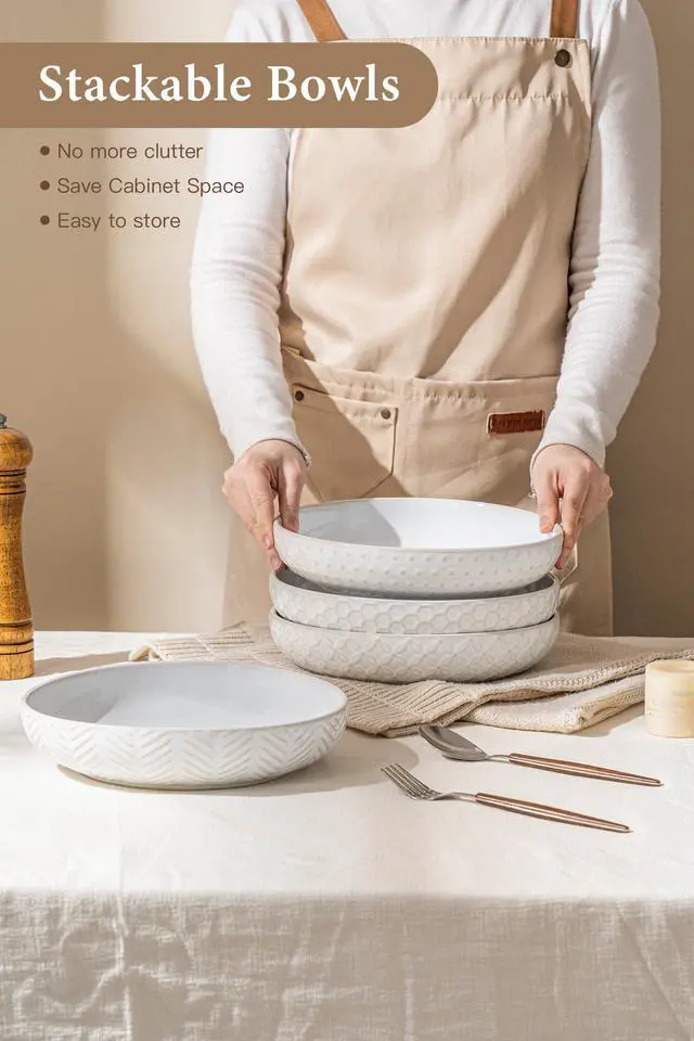 Alt view image 6 of 7 - Embossed Ceramic Pasta Bowls, 42 oz Bowl Plates Set,9-Inch Large Serving Bowls Set of 4, Perfect for Pasta, Salad, Fruit, Sturdy&Stackable, Microwave & Dishwasher Safe