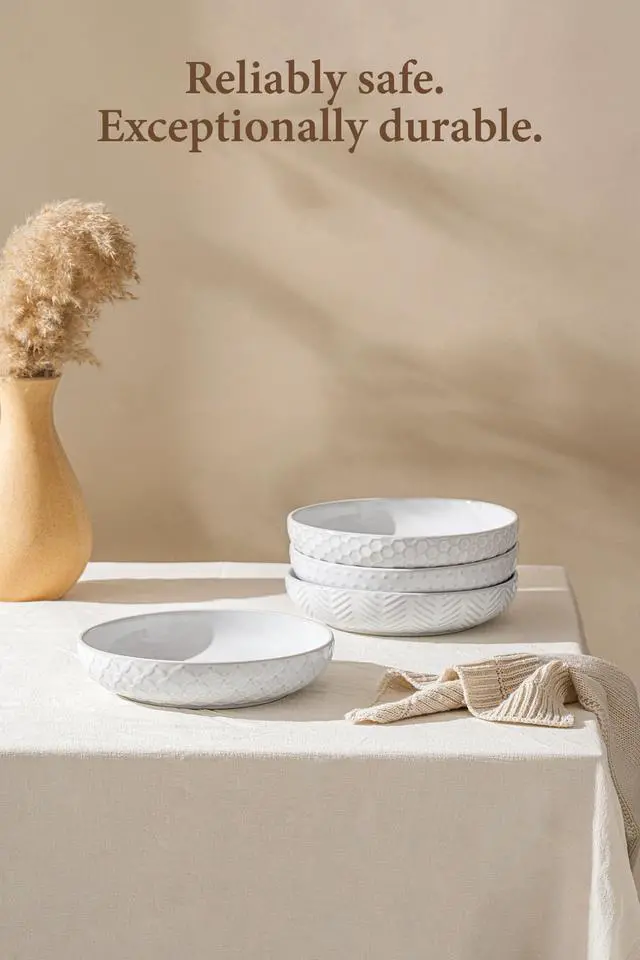 Alt view image 7 of 7 - Embossed Ceramic Pasta Bowls, 42 oz Bowl Plates Set,9-Inch Large Serving Bowls Set of 4, Perfect for Pasta, Salad, Fruit, Sturdy&Stackable, Microwave & Dishwasher Safe