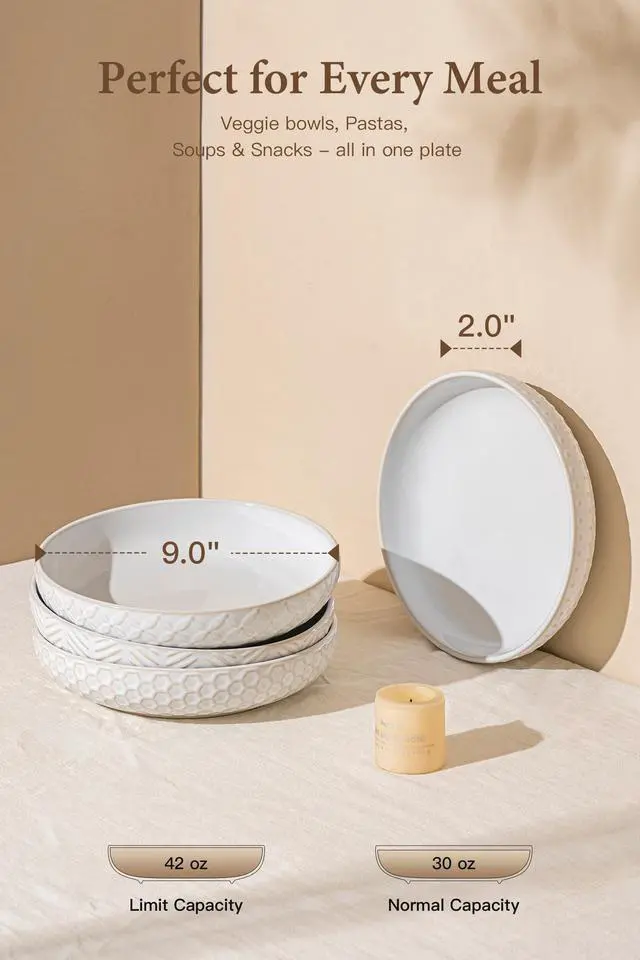 Alt view image 2 of 7 - Embossed Ceramic Pasta Bowls, 42 oz Bowl Plates Set,9-Inch Large Serving Bowls Set of 4, Perfect for Pasta, Salad, Fruit, Sturdy&Stackable, Microwave & Dishwasher Safe