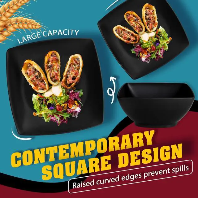 Alt view image 5 of 7 - 40-piece Plastic Wheat Straw Square Dinnerware Set,Service for10, Unbreakable Dinner Plates, Salad Plates, Snack Bowls, Tumblers 13.5 oz, Dishwasher Safe, Kitchen Outdoor Camping Dish, Black
