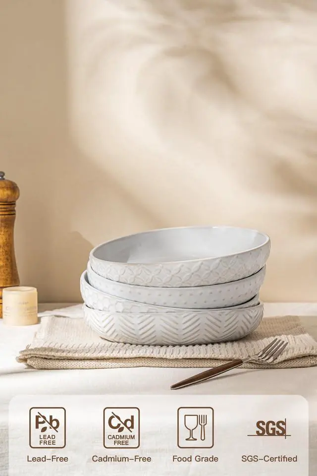 Alt view image 3 of 7 - Embossed Ceramic Pasta Bowls, 42 oz Bowl Plates Set,9-Inch Large Serving Bowls Set of 4, Perfect for Pasta, Salad, Fruit, Sturdy&Stackable, Microwave & Dishwasher Safe