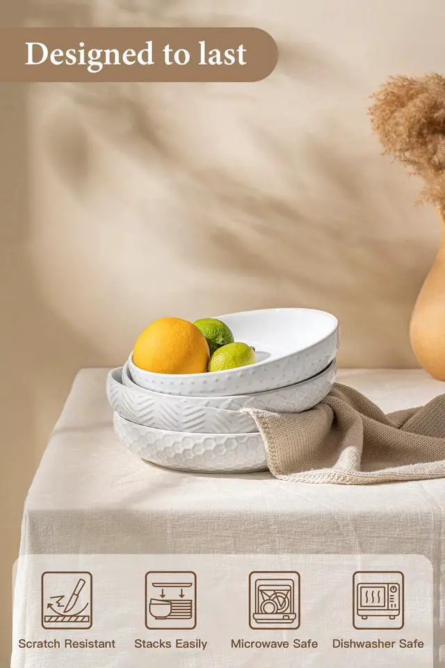 Alt view image 5 of 7 - Embossed Ceramic Pasta Bowls, 42 oz Bowl Plates Set,9-Inch Large Serving Bowls Set of 4, Perfect for Pasta, Salad, Fruit, Sturdy&Stackable, Microwave & Dishwasher Safe