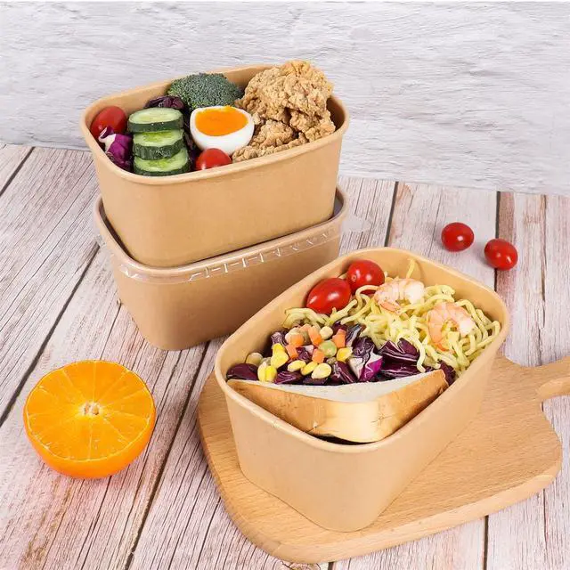 Alt view image 4 of 6 - 34 oz Disposable Kraft paper salad bowls with lids, Food containers Soup Bowls Party Supplies Treat Bowls 50 Pack
