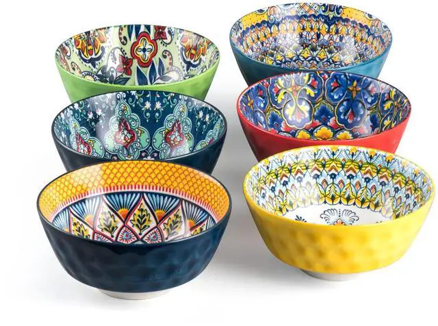 Main image of Ceramic Cereal, Soup Bowls Set of 6-25 Oz Porcelain Serving Bowls for Dinner, Pasta, Salad, Oatmeal, Microwave & Dishware Safe - Bohemian Style