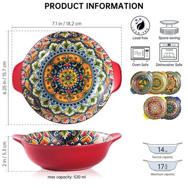 Alt view image 2 of 7 - Ceramic Soup Bowls Set, 14 oz Cereal Bowl Set of 6, Small Dessert Bowls with Handle, Boho Serving Bowls Set for Kitchen, Snack, Salad, Microwave & Dishwasher Safe