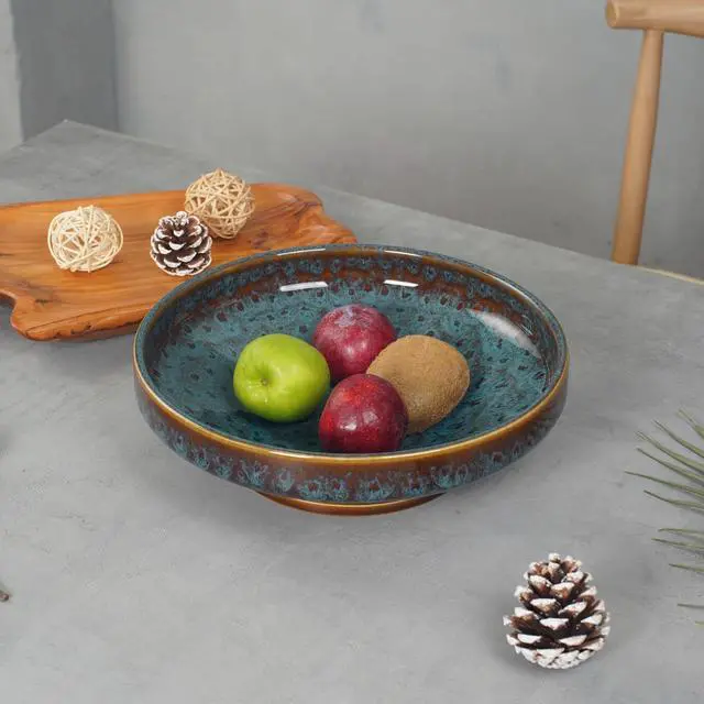 Alt view image 2 of 6 - Ceramic Fruit Bowl for Kitchen Counter,Decorative Pedestal Bowl for Table Countertop,Large Footed Serving Bowl,10.2 Inch (peacock Green)