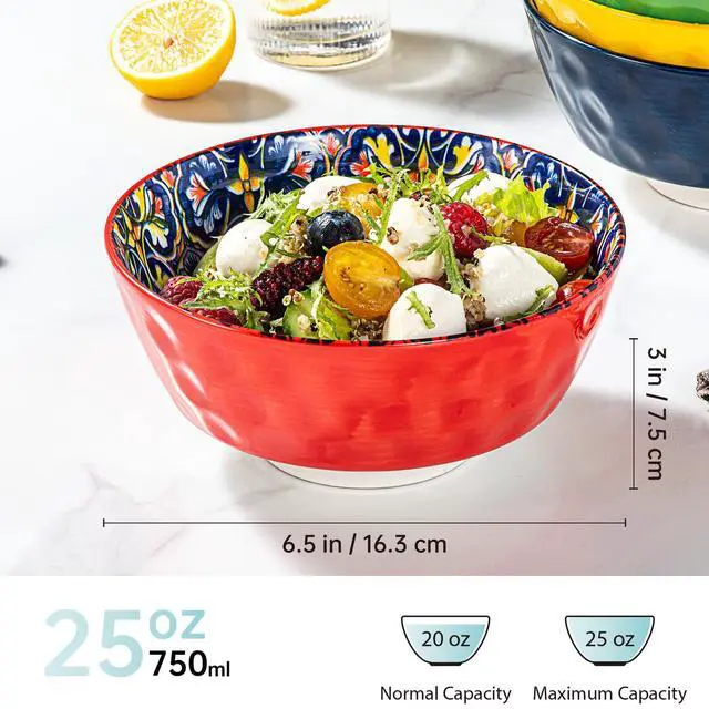 Alt view image 2 of 7 - Ceramic Cereal, Soup Bowls Set of 6-25 Oz Porcelain Serving Bowls for Dinner, Pasta, Salad, Oatmeal, Microwave & Dishware Safe - Bohemian Style