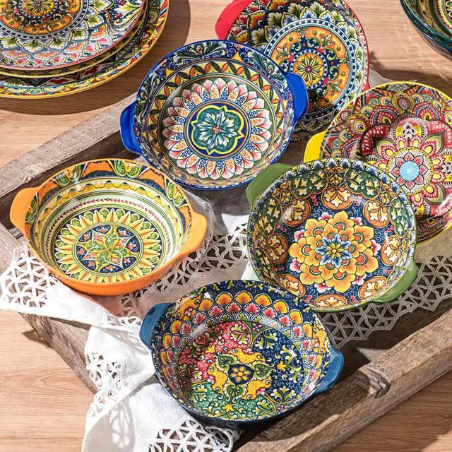 Alt view image 3 of 7 - Ceramic Soup Bowls Set, 14 oz Cereal Bowl Set of 6, Small Dessert Bowls with Handle, Boho Serving Bowls Set for Kitchen, Snack, Salad, Microwave & Dishwasher Safe