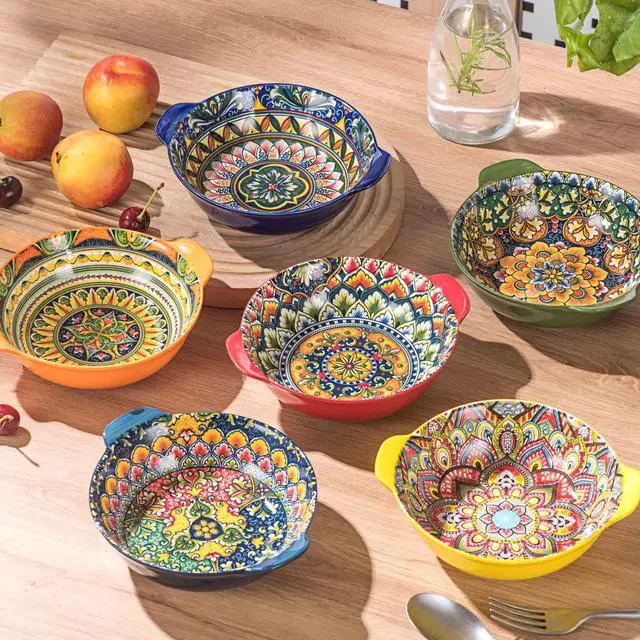 Alt view image 4 of 7 - Ceramic Soup Bowls Set, 14 oz Cereal Bowl Set of 6, Small Dessert Bowls with Handle, Boho Serving Bowls Set for Kitchen, Snack, Salad, Microwave & Dishwasher Safe
