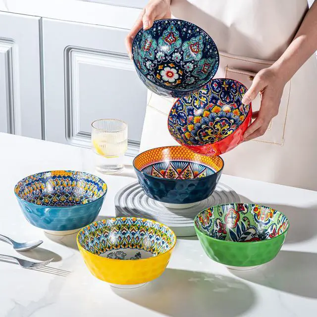 Alt view image 3 of 7 - Ceramic Cereal, Soup Bowls Set of 6-25 Oz Porcelain Serving Bowls for Dinner, Pasta, Salad, Oatmeal, Microwave & Dishware Safe - Bohemian Style