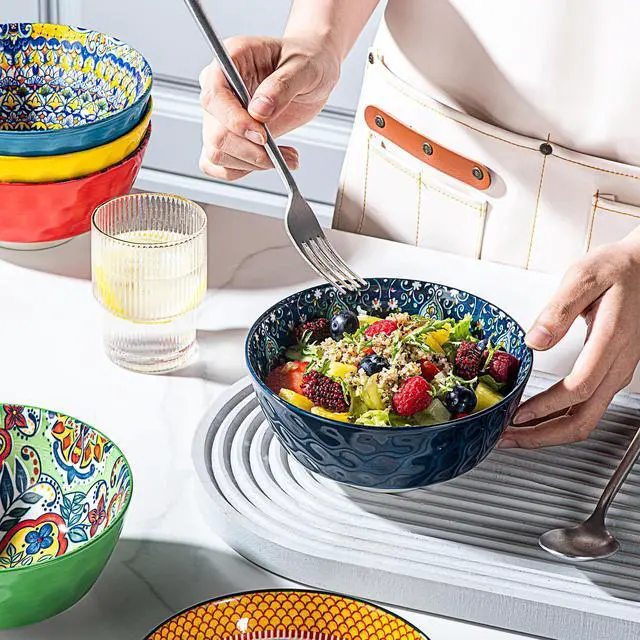 Alt view image 7 of 7 - Ceramic Cereal, Soup Bowls Set of 6-25 Oz Porcelain Serving Bowls for Dinner, Pasta, Salad, Oatmeal, Microwave & Dishware Safe - Bohemian Style