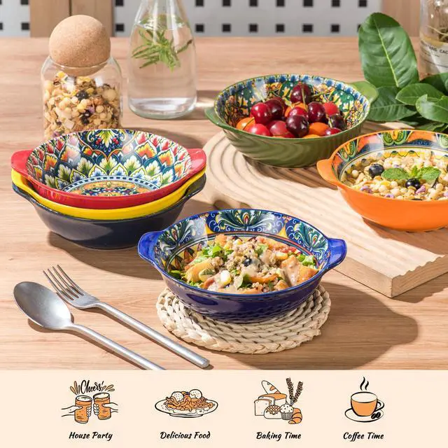 Alt view image 6 of 7 - Ceramic Soup Bowls Set, 14 oz Cereal Bowl Set of 6, Small Dessert Bowls with Handle, Boho Serving Bowls Set for Kitchen, Snack, Salad, Microwave & Dishwasher Safe