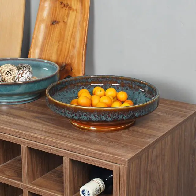 Alt view image 5 of 6 - Ceramic Fruit Bowl for Kitchen Counter,Decorative Pedestal Bowl for Table Countertop,Large Footed Serving Bowl,10.2 Inch (peacock Green)