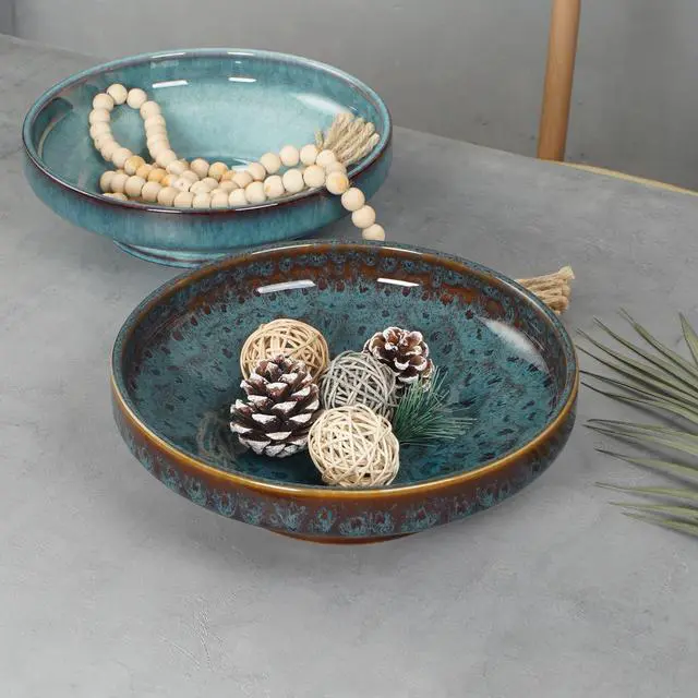 Alt view image 6 of 6 - Ceramic Fruit Bowl for Kitchen Counter,Decorative Pedestal Bowl for Table Countertop,Large Footed Serving Bowl,10.2 Inch (peacock Green)