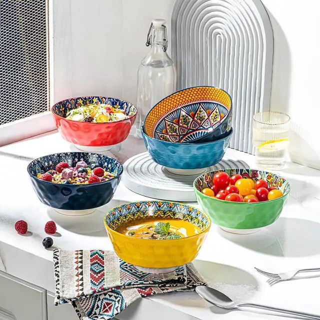 Alt view image 6 of 7 - Ceramic Cereal, Soup Bowls Set of 6-25 Oz Porcelain Serving Bowls for Dinner, Pasta, Salad, Oatmeal, Microwave & Dishware Safe - Bohemian Style