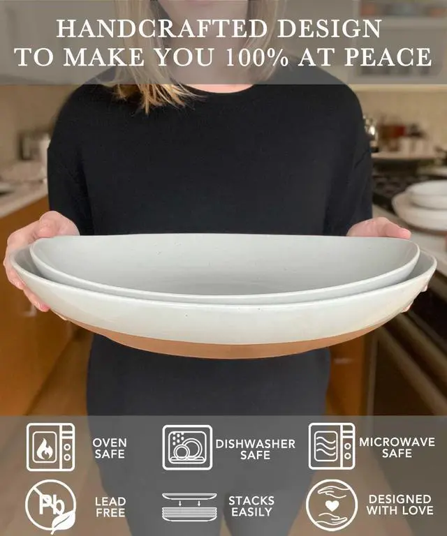 Alt view image 4 of 7 - Ceramic Large Serving Bowls- Set of 2 Oval Platters for Entertaining. Modern Kitchen Dishes for Dinner, Fruit, Salad, Turkey, etc. Oven, Dishwasher Safe, 110/80 oz, 16" / 14.6" - Vanilla White