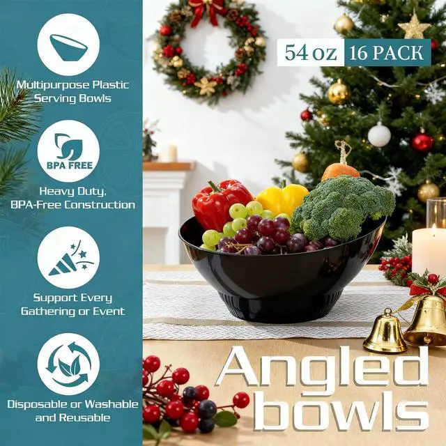 Alt view image 2 of 6 - 16PCS Black Plastic Bowls - 54 OZ Angled Serving Bowls Disposable for Chip - Candy Party Table Salad and Fruit for Party & Wedding & New Year