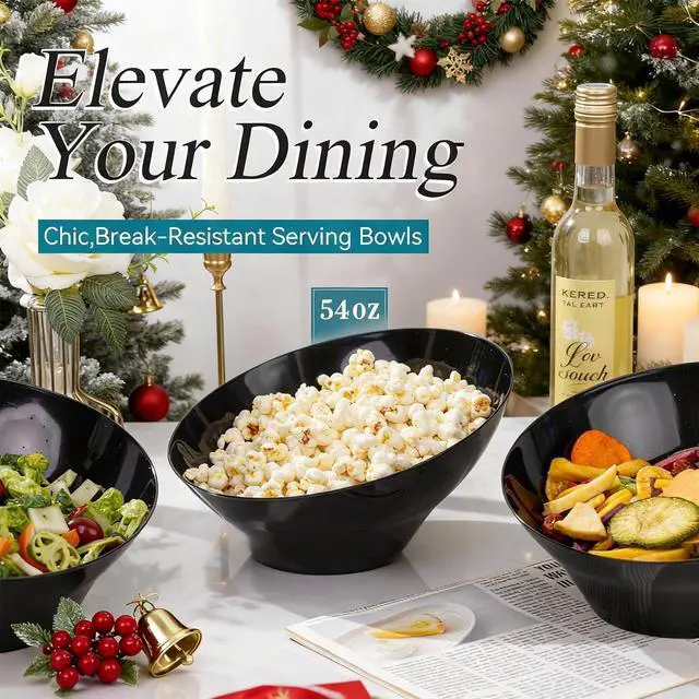 Alt view image 4 of 6 - 16PCS Black Plastic Bowls - 54 OZ Angled Serving Bowls Disposable for Chip - Candy Party Table Salad and Fruit for Party & Wedding & New Year