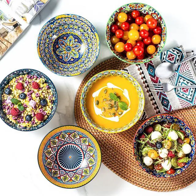 Alt view image 4 of 7 - Ceramic Cereal, Soup Bowls Set of 6-25 Oz Porcelain Serving Bowls for Dinner, Pasta, Salad, Oatmeal, Microwave & Dishware Safe - Bohemian Style