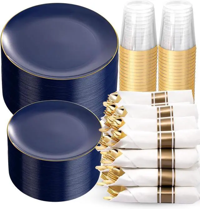 Main image of 350Pcs Blue and Gold Plates -Heavy Duty Navy Blue Dinnerware Set - 100 Plastic Plates 50 Pre Rolled Napkins with Gold Plastic Silverware 50 Cups for Party/4th of July/Wedding