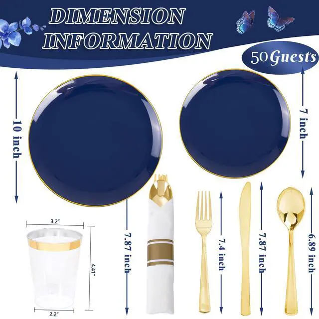 Alt view image 2 of 5 - 350Pcs Blue and Gold Plates -Heavy Duty Navy Blue Dinnerware Set - 100 Plastic Plates 50 Pre Rolled Napkins with Gold Plastic Silverware 50 Cups for Party/4th of July/Wedding