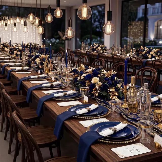 Alt view image 3 of 5 - 350Pcs Blue and Gold Plates -Heavy Duty Navy Blue Dinnerware Set - 100 Plastic Plates 50 Pre Rolled Napkins with Gold Plastic Silverware 50 Cups for Party/4th of July/Wedding