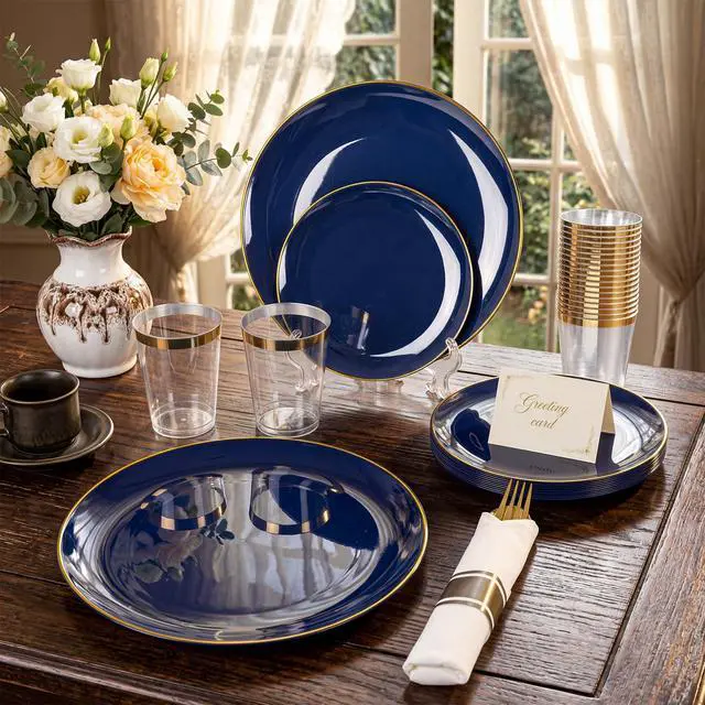 Alt view image 4 of 5 - 350Pcs Blue and Gold Plates -Heavy Duty Navy Blue Dinnerware Set - 100 Plastic Plates 50 Pre Rolled Napkins with Gold Plastic Silverware 50 Cups for Party/4th of July/Wedding