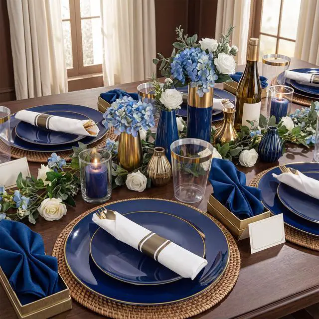 Alt view image 5 of 5 - 350Pcs Blue and Gold Plates -Heavy Duty Navy Blue Dinnerware Set - 100 Plastic Plates 50 Pre Rolled Napkins with Gold Plastic Silverware 50 Cups for Party/4th of July/Wedding