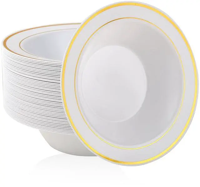 Main image of 100PCS Plastic Bowls with Gold Rim-12oz disposable Soup Bowls, Christmas Thanksgiving Premium Dessert Salad Bowls for Wedding/Party