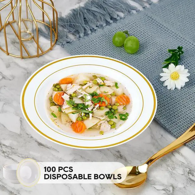 Alt view image 2 of 7 - 100PCS Plastic Bowls with Gold Rim-12oz disposable Soup Bowls, Christmas Thanksgiving Premium Dessert Salad Bowls for Wedding/Party