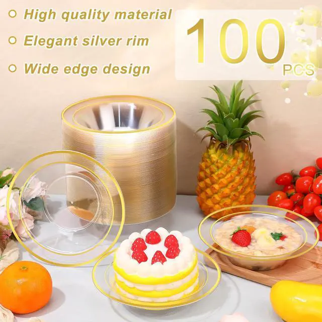Alt view image 4 of 7 - 100 Pcs Plastic Bowls with Gold Rim 12 oz Disposable Soup Bowls Elegant Party Dessert Disposable Dinnerware Fancy Shatterproof Tableware for Serving Food, Wedding, Holidays(Clear,Line Style)