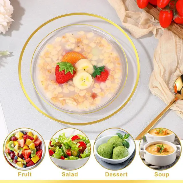 Alt view image 2 of 7 - 100 Pcs Plastic Bowls with Gold Rim 12 oz Disposable Soup Bowls Elegant Party Dessert Disposable Dinnerware Fancy Shatterproof Tableware for Serving Food, Wedding, Holidays(Clear,Line Style)