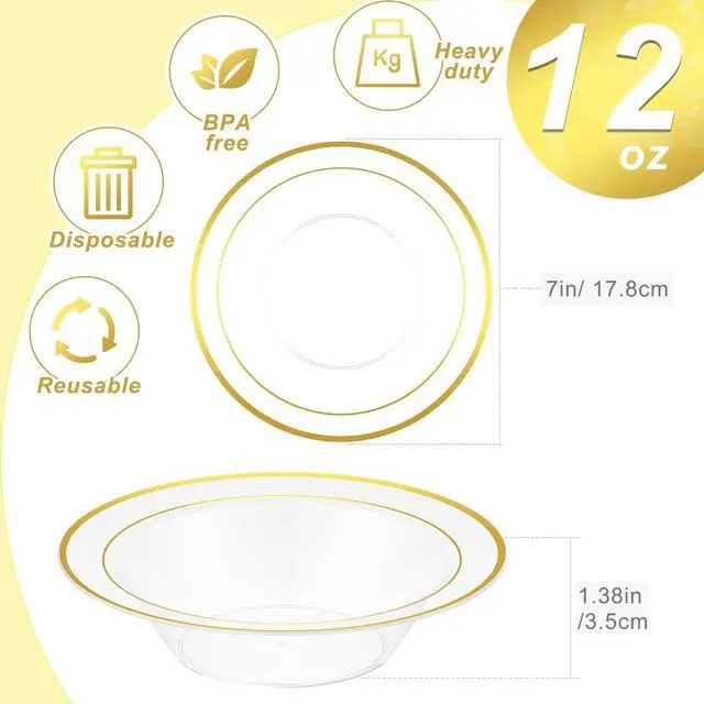 Alt view image 3 of 7 - 100 Pcs Plastic Bowls with Gold Rim 12 oz Disposable Soup Bowls Elegant Party Dessert Disposable Dinnerware Fancy Shatterproof Tableware for Serving Food, Wedding, Holidays(Clear,Line Style)